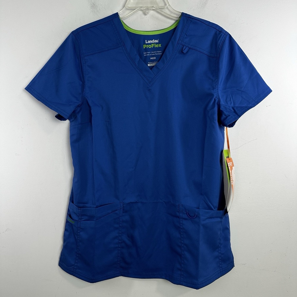 Landau Pro Flex Womens Scrub Top Medium Blue Pockets Modern Fit V Neck New